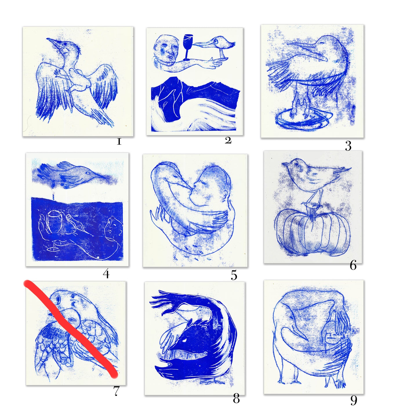 SÉRIE MONOTYPE BLEU / oiseau thérapie